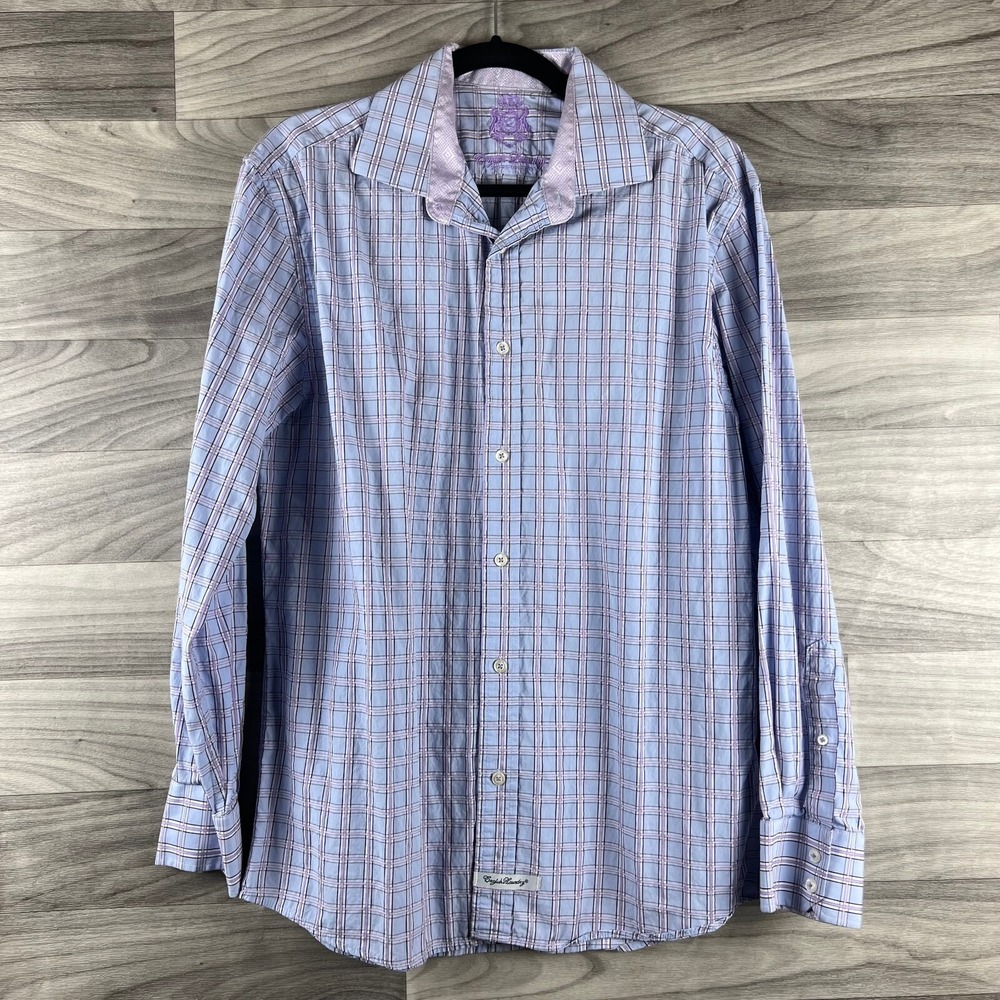English Laundry Dress Shirt Mens 16 34/35 Blue Plaid Cotton Collared Embroidered